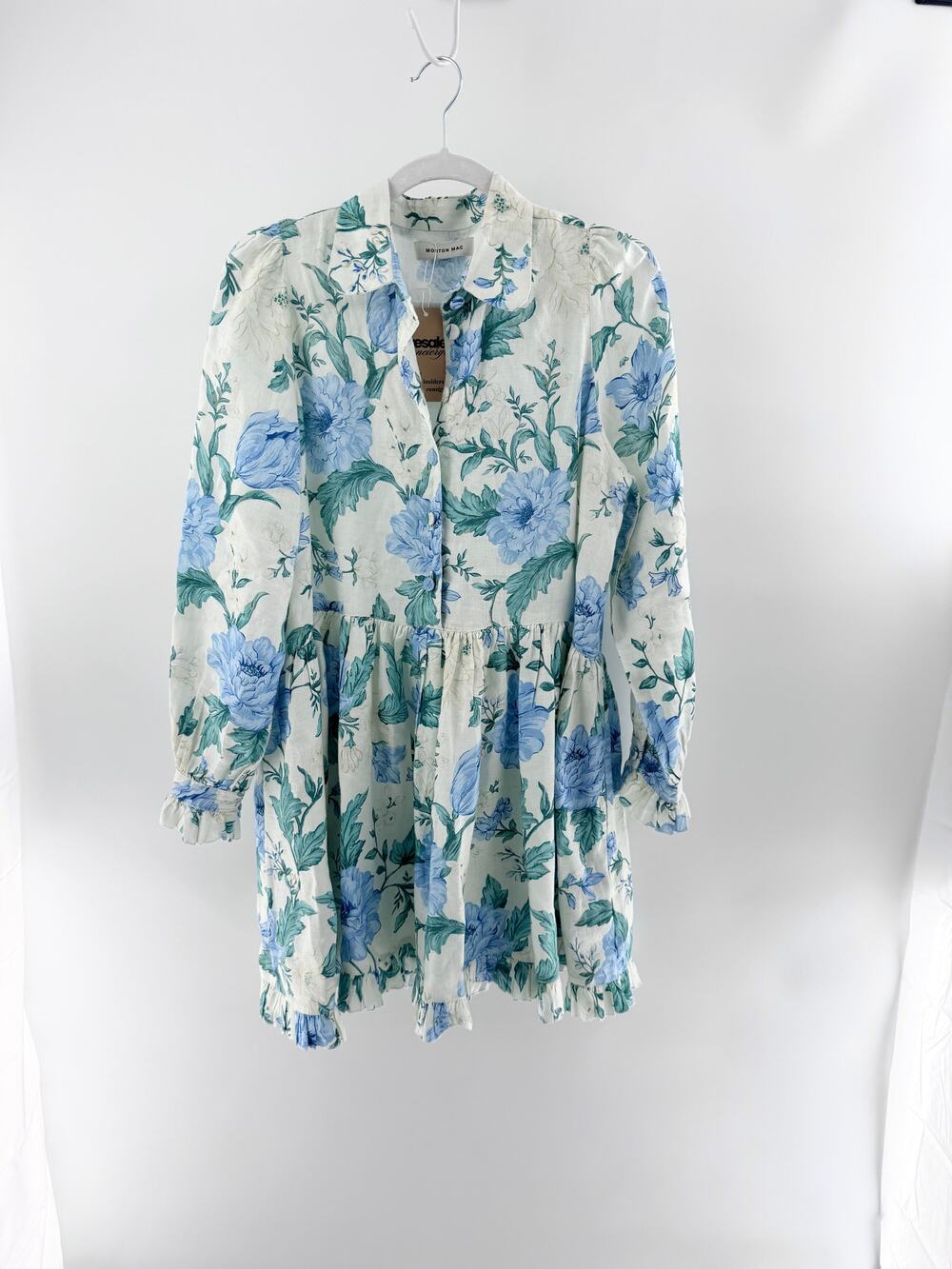 Morton Mac Linen Floral Long Sleeve Mini Shirt Dress White Blue Women Petite Med